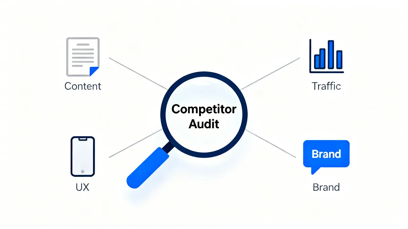 數位審計的四個核心維度示意圖,包含內容、流量、用戶體驗和品牌聲量。