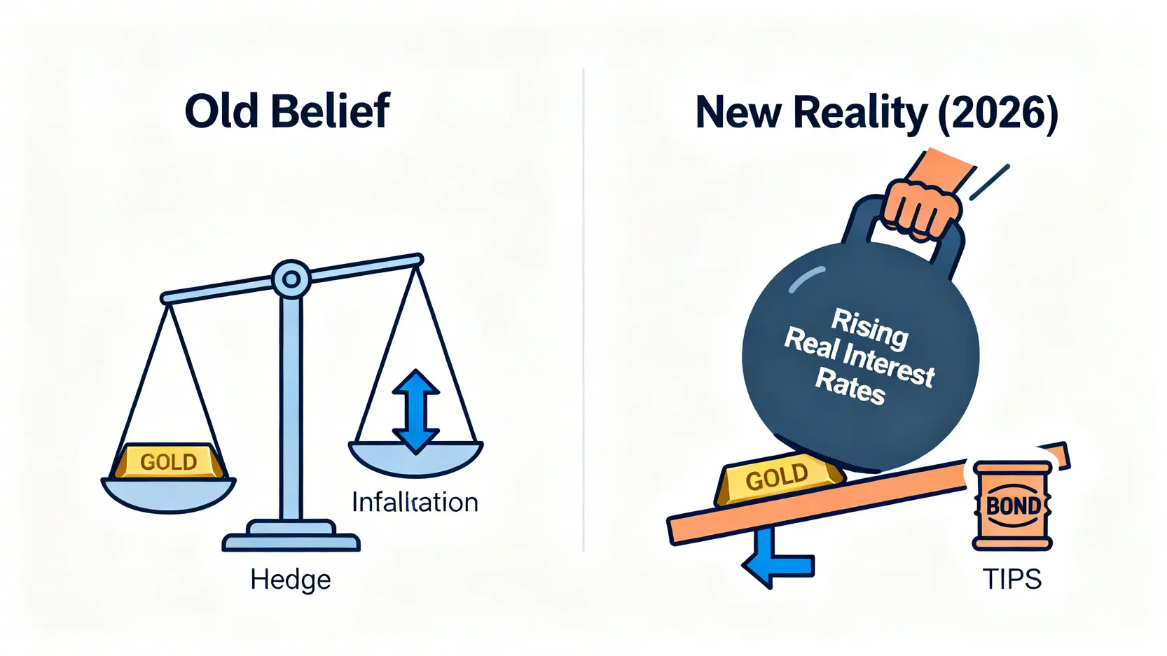 概念圖解說明實質利率上升如何影響黃金與抗通膨債券的價格,對比傳統的抗通膨觀念。