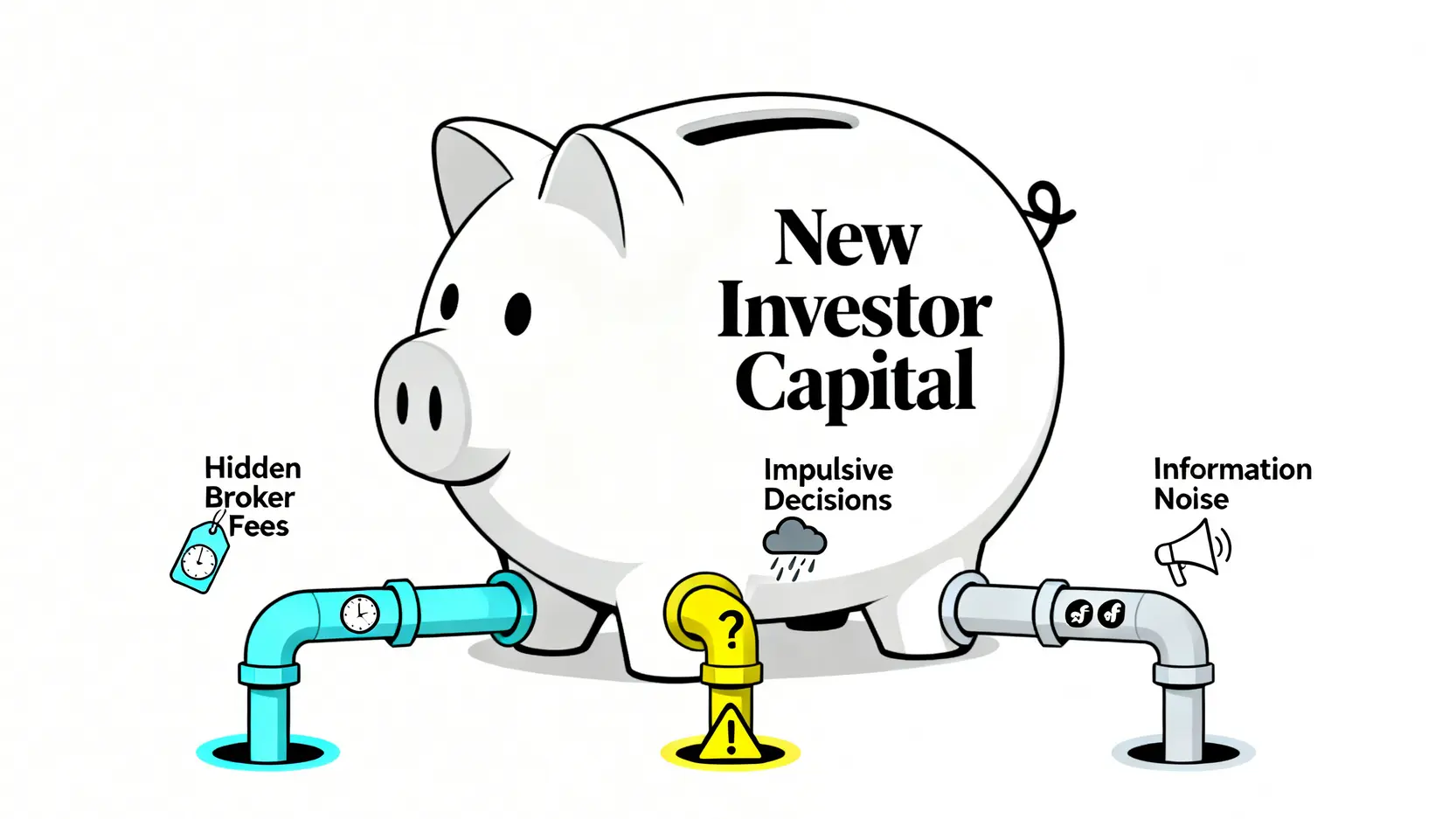 一張概念圖說明投資新手稅的三大來源:隱藏券商費用、衝動決策、以及資訊噪音,共同耗損新手的本金。