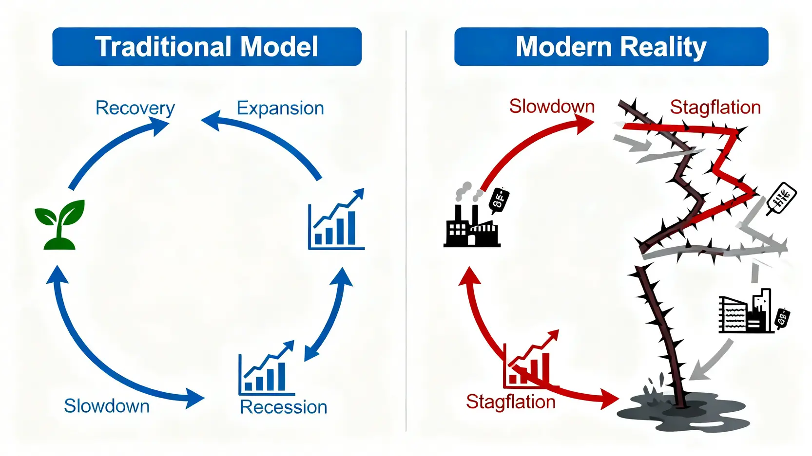 傳統經濟週期四階段模型與包含停滯性通膨的現代五情境模型對比圖。