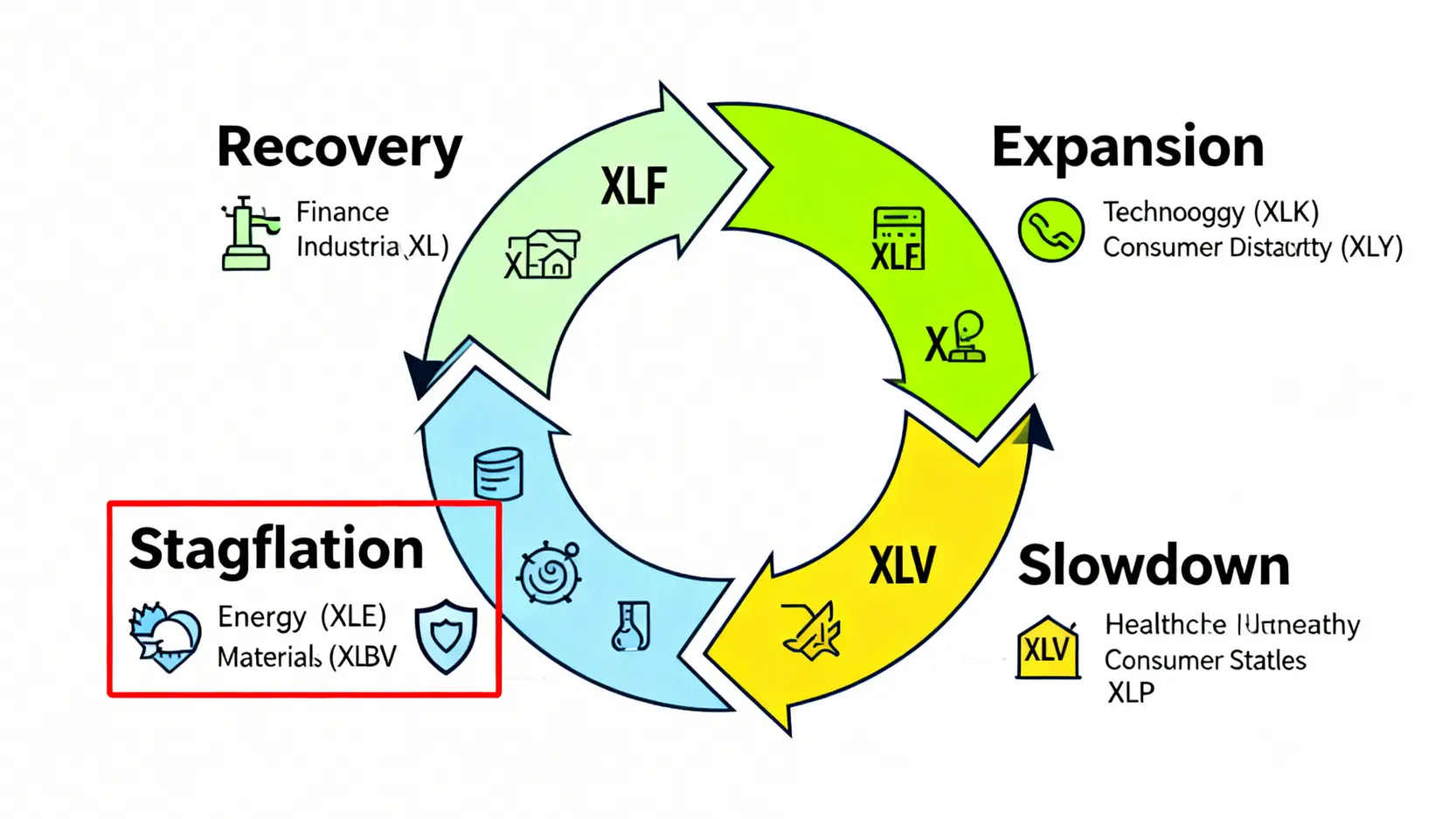 經濟週期與對應的強勢美股產業輪動示意圖。