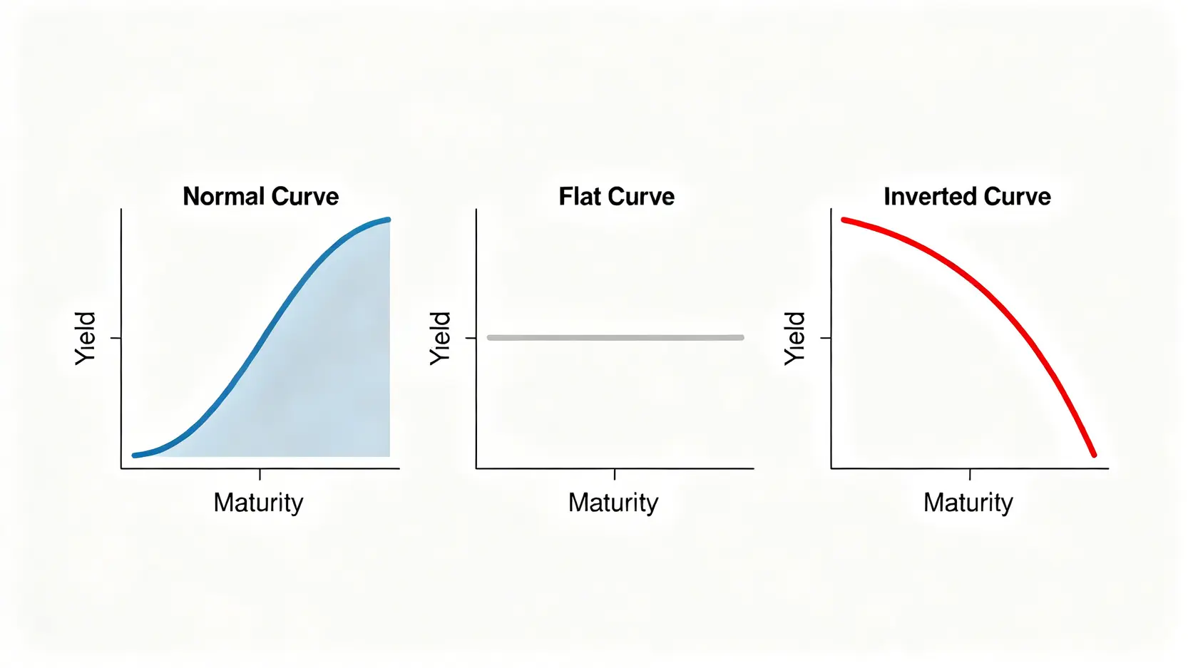 一張圖表展示三種殖利率曲線形態:正常的向上傾斜曲線、平坦的水平曲線,以及預示衰退的倒掛向下傾斜曲線。