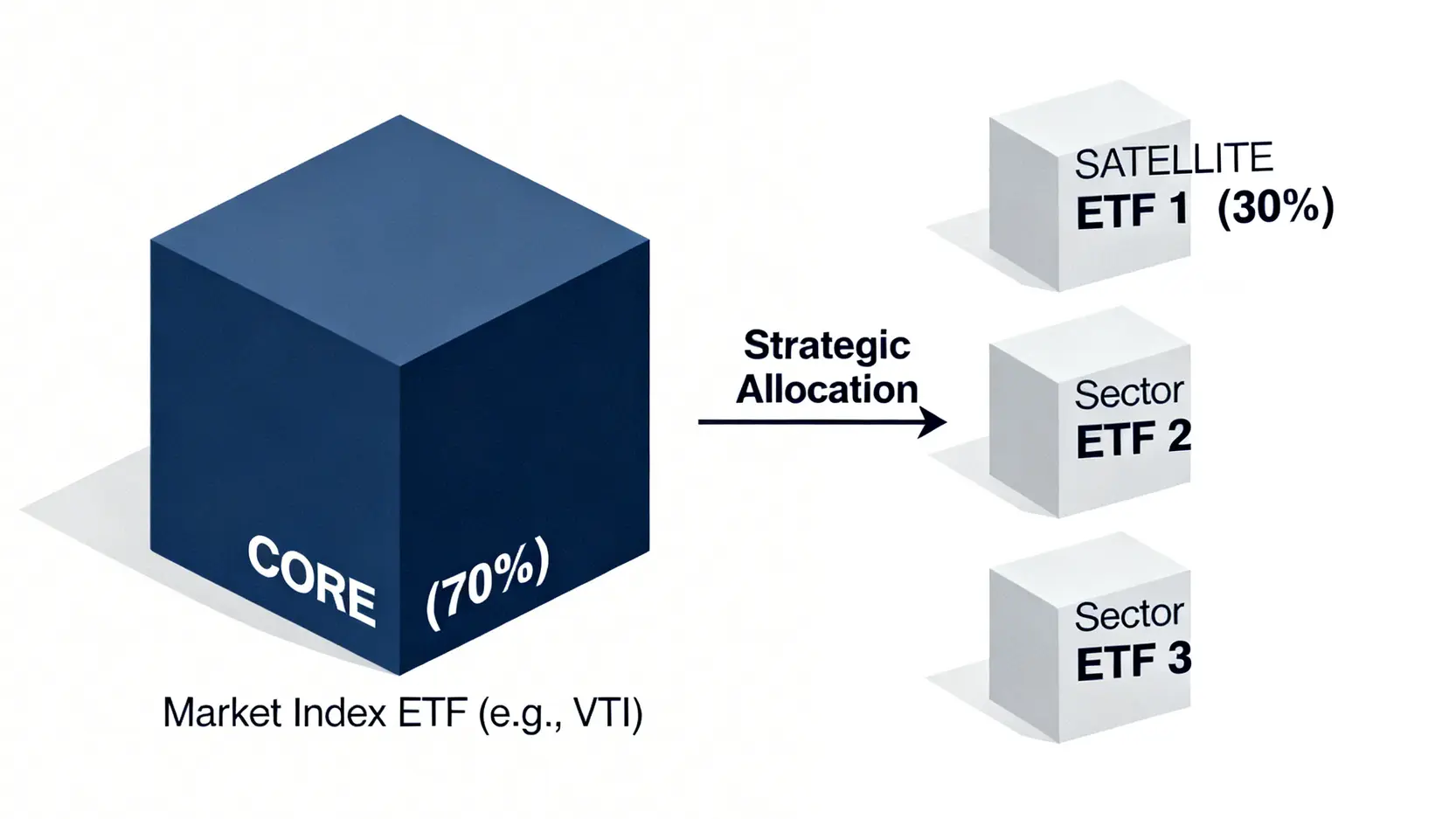 一張圖解核心-衛星投資策略的示意圖,顯示70%的核心資產配置於大盤ETF,30%的衛星資產靈活配置於不同的產業ETF。