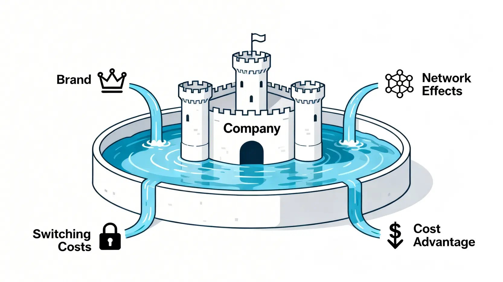 競爭護城河的四種類型圖解:品牌、網絡效應、轉換成本和成本優勢,共同保護著中心的企業城堡。