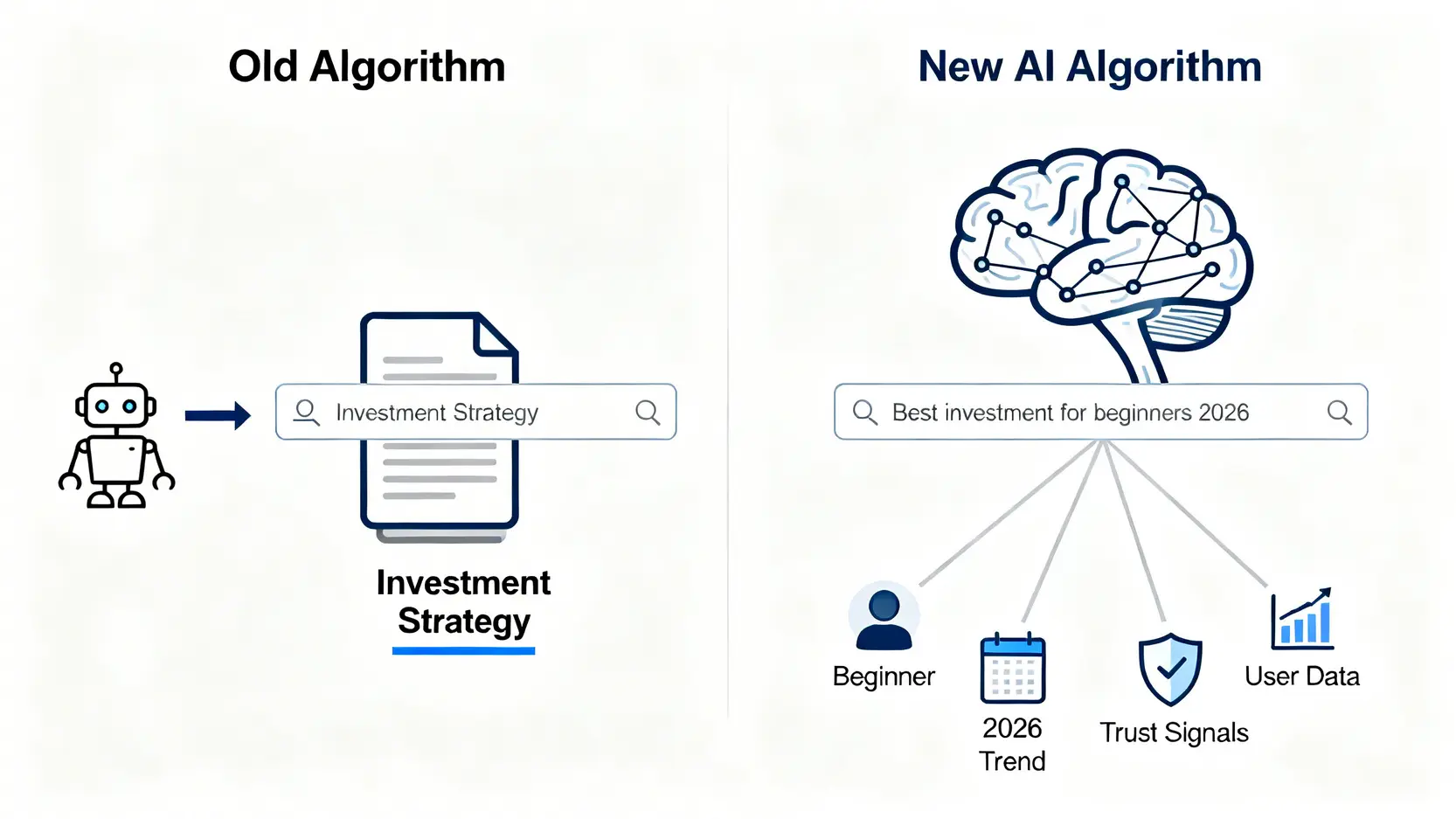 搜尋引擎演算法進化對比圖,顯示從舊的關鍵字匹配到新的用戶意圖分析的轉變。