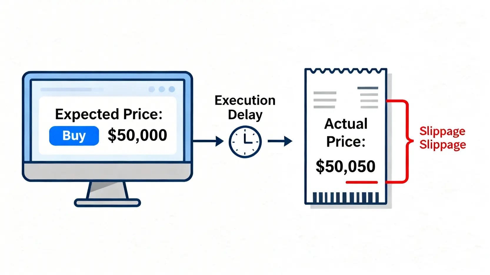 一張解釋交易滑點概念的示意圖,顯示預期價格與實際成交價格之間的差異。