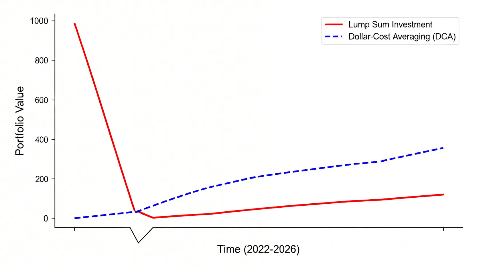 一張比較定期定額與單筆投入策略的資產淨值走勢圖,顯示定期定額策略在熊市中表現更平穩。