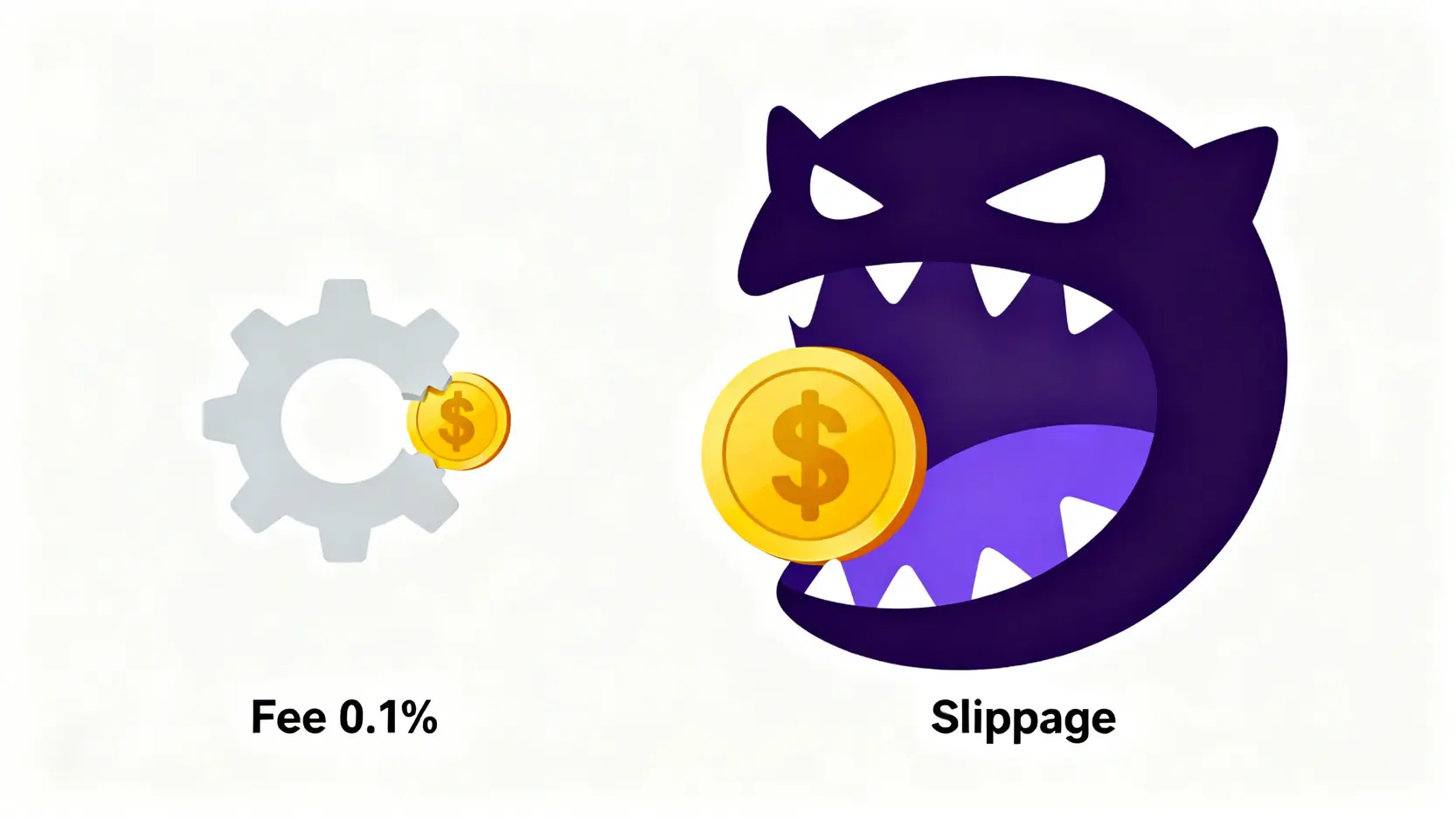 一張概念圖說明交易手續費與滑價成本的對比,滑價成本被描繪成一個吞噬大部分利潤的怪獸。