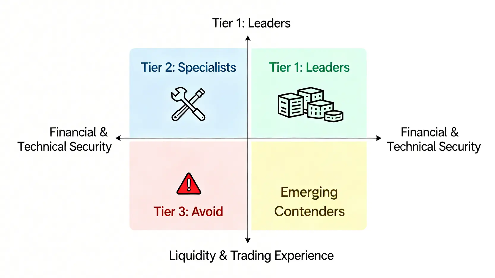 一張交易所安全象限圖,以資金技術安全為縱軸,交易流動性為橫軸,將交易所分為四個風險等級。