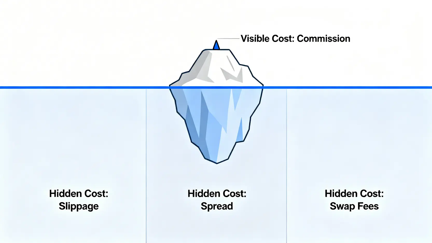 交易成本冰山模型圖,顯示可見的手續費只是冰山一角,而滑點、價差和隔夜利息是水面下巨大的隱藏成本。