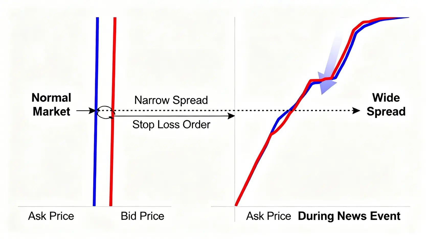 點差在新聞發布時擴大的示意圖。正常市場下點差很窄,但在新聞時段點差變寬,導致賣價輕易觸發預設的停損單。