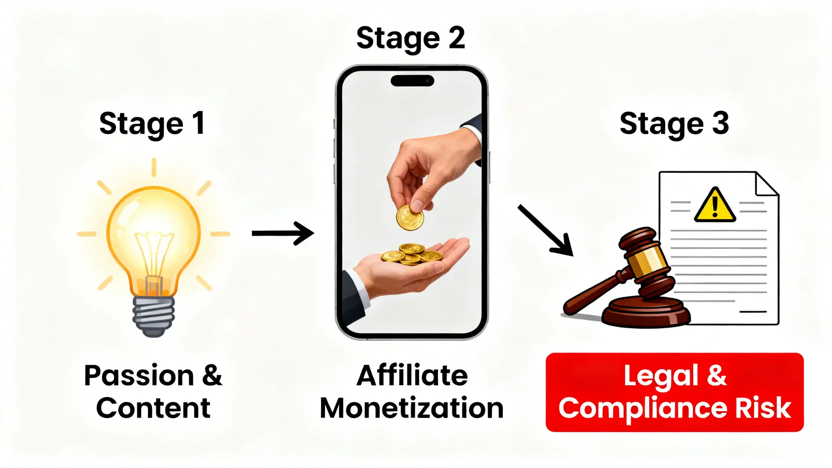 一張流程圖展示金融自媒體從熱情創作到聯盟變現,最終陷入法律合規風險的三個階段。