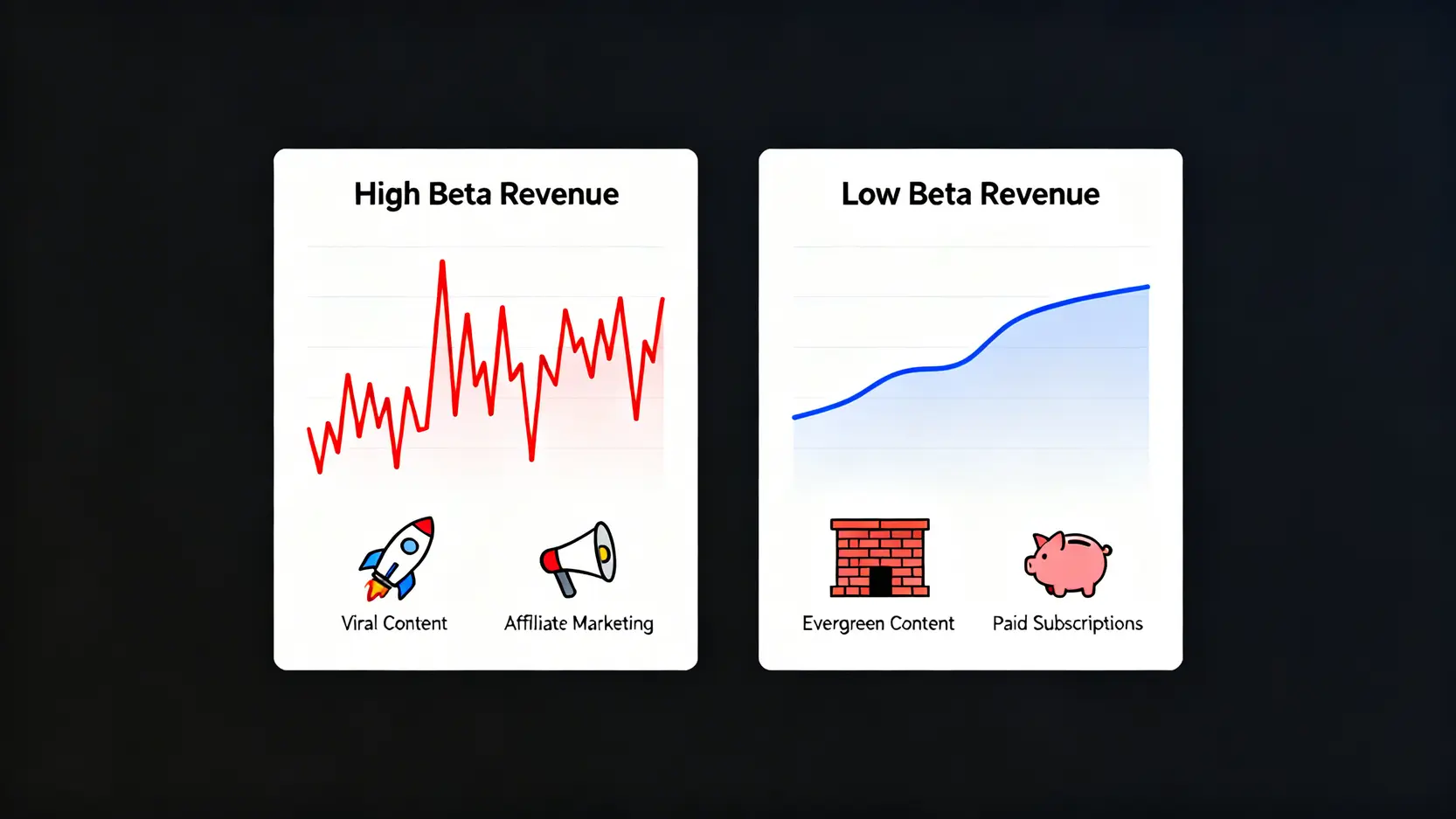 一張對比圖,左邊是高Beta收入來源如聯盟行銷,波動大;右邊是低Beta收入來源如付費訂閱,波動小且穩定。