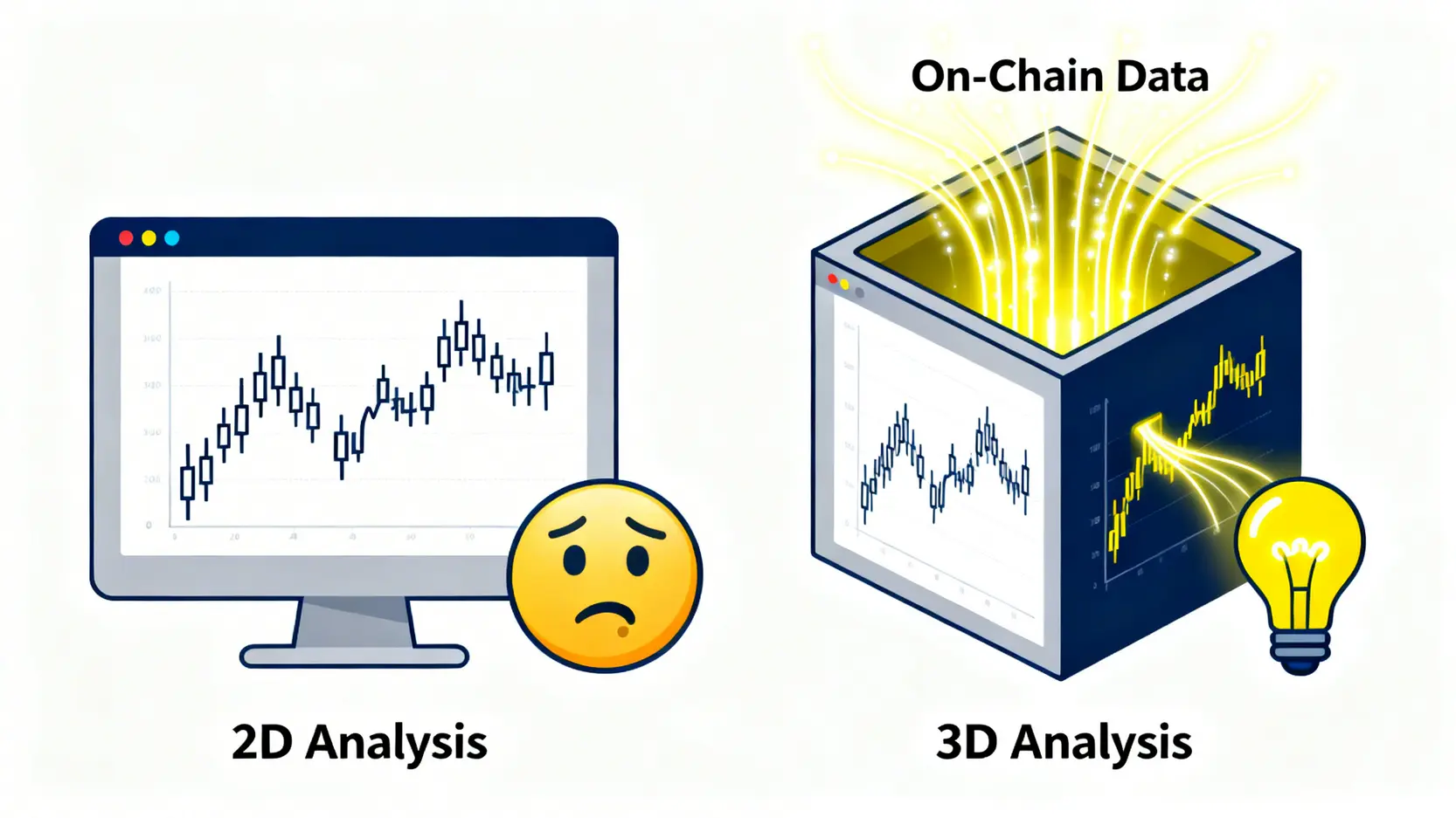 二維技術分析與結合鏈上數據的三維分析框架對比示意圖。