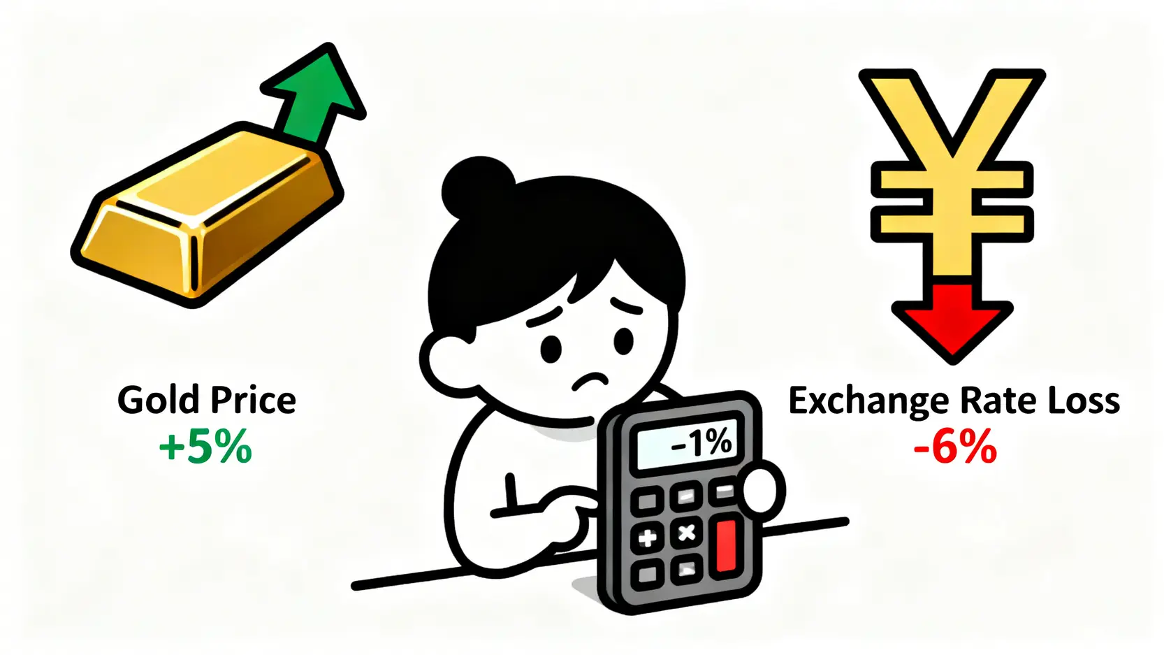 匯率風險示意圖,顯示黃金價格上漲5%,但新台幣升值造成6%的匯兌損失,導致台灣投資者的最終報酬為負數。