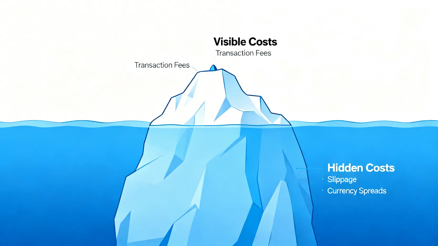 交易成本冰山圖,顯示可見的手續費只是冰山一角,而水面下是更大的隱藏成本如滑點和匯差。