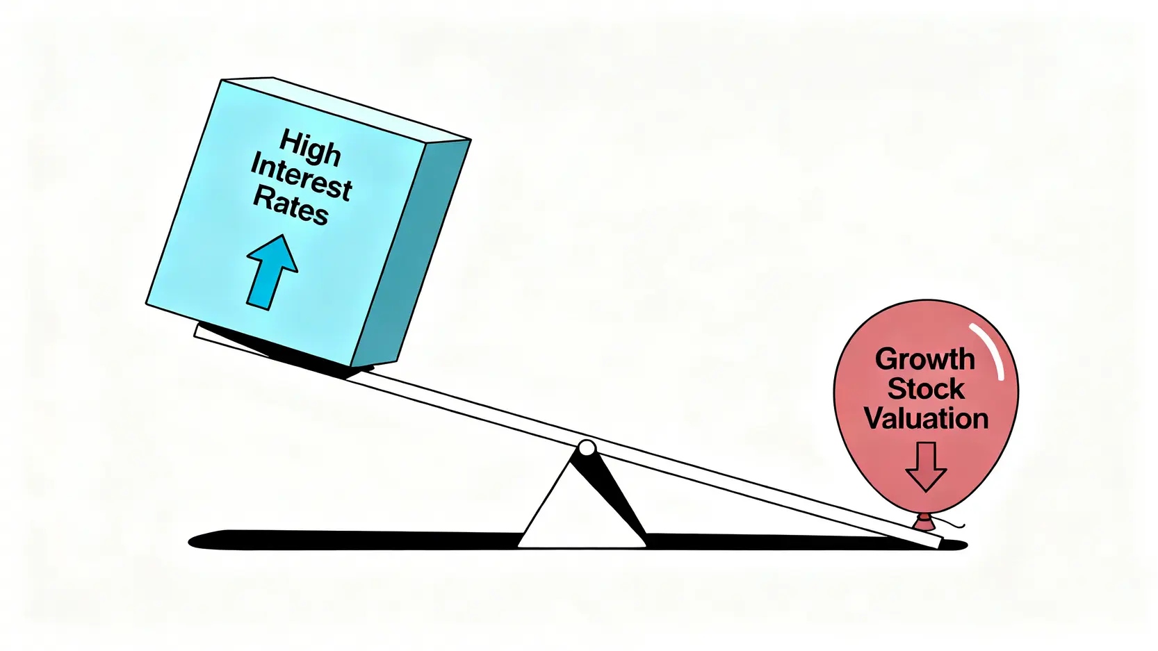 高利率與成長股估值關係的蹺蹺板示意圖。利率上升,成長股估值下降。