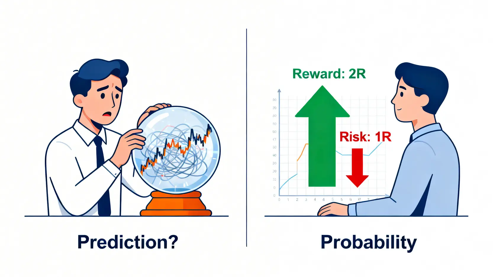 業餘與專業交易員思維對比圖,左邊是試圖預測的業餘者,右邊是計算機率的專業人士。