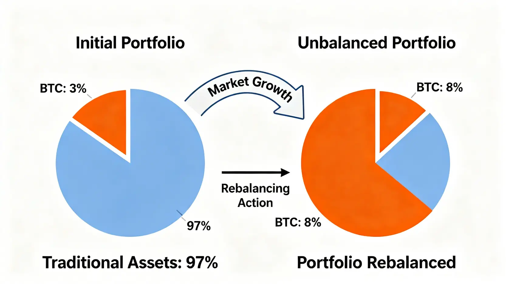 示意圖解釋資產再平衡概念:一個投資組合因比特幣上漲而失衡,再平衡操作將其恢復到初始目標比例。