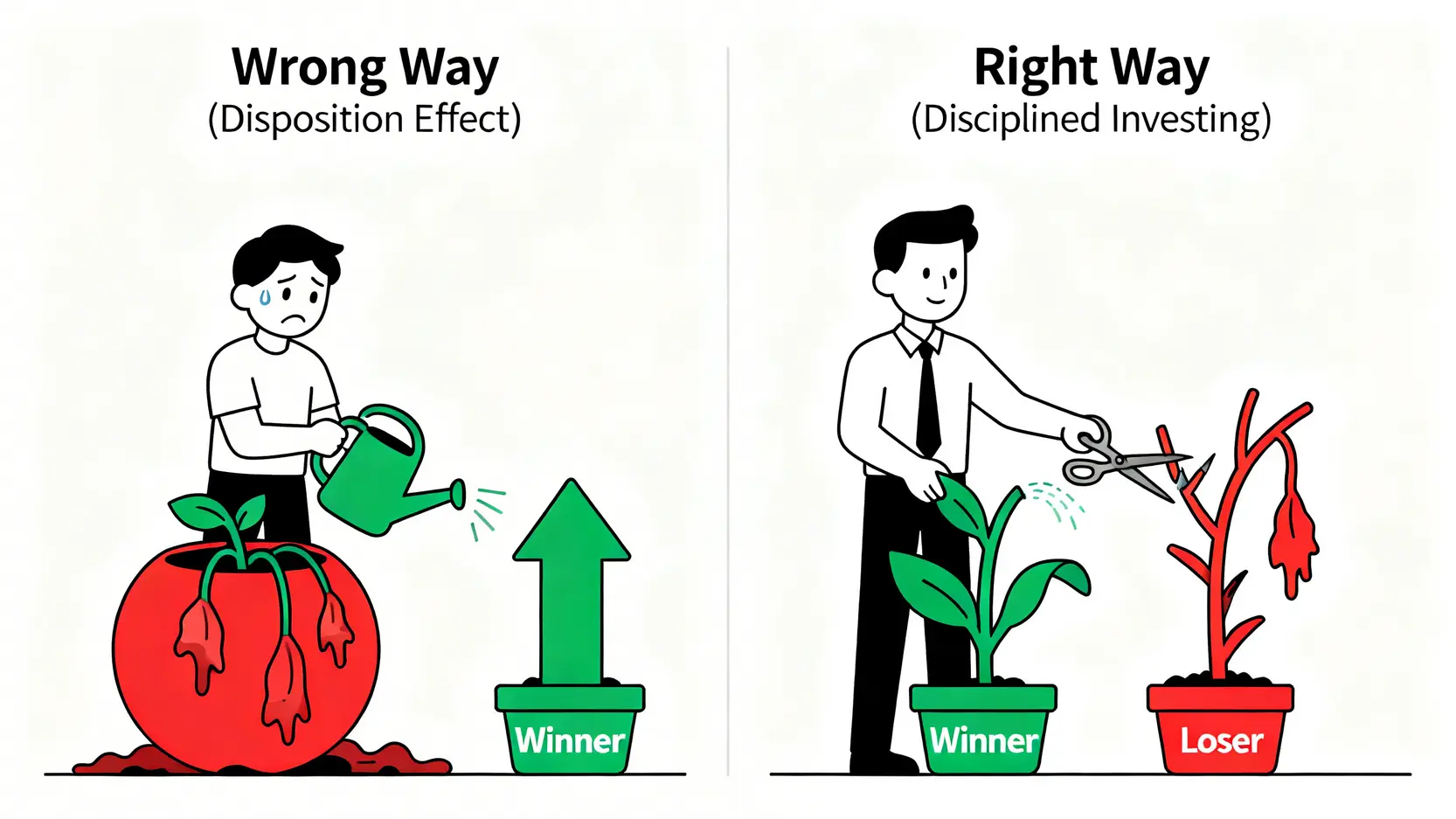 處置效應示意圖,對比錯誤地賣出上漲資產、續抱下跌資產,與正確地讓獲利奔跑、停止虧損的兩種行為。
