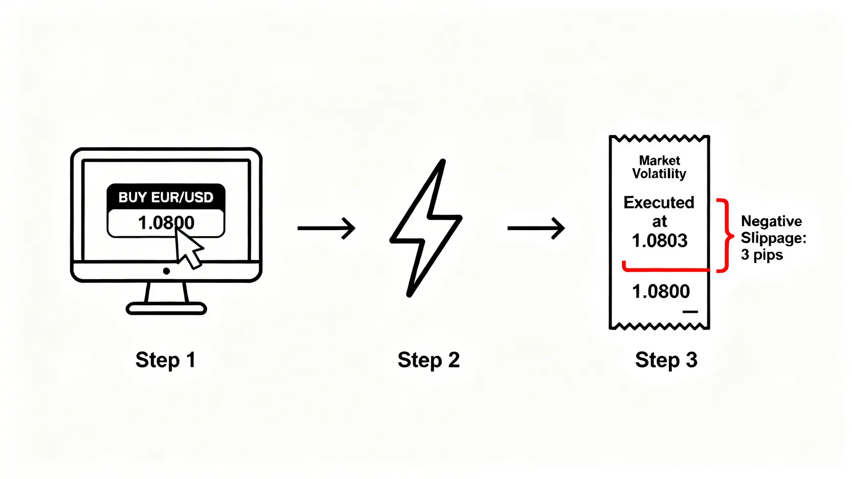 負滑點發生過程示意圖,顯示交易者點擊的價格與因市場波動導致的最終成交價之間的差異。