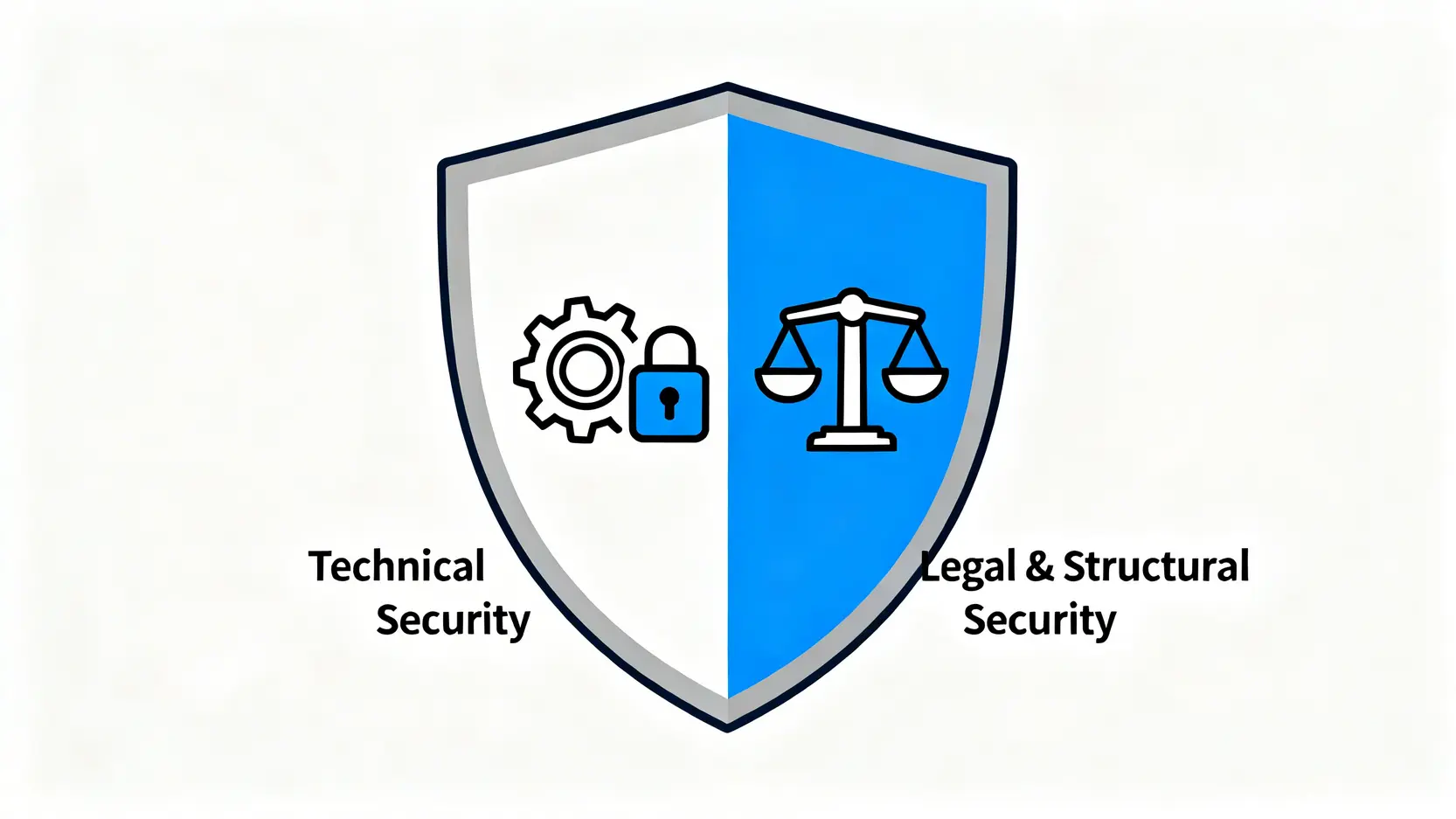 一個分為兩半的盾牌,象徵交易所的雙重安全概念:技術安全與法律結構安全。