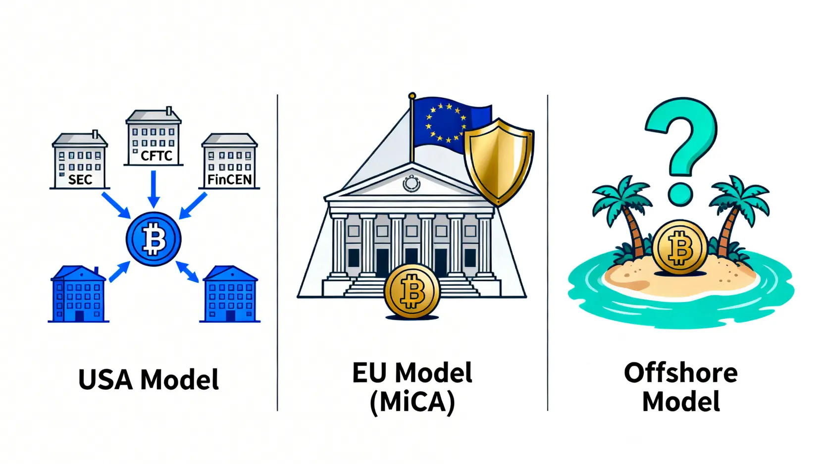 三大加密貨幣監管體系對比圖:美國的多頭監管、歐盟的統一市場模式,以及離岸金融中心的監管套利模式。