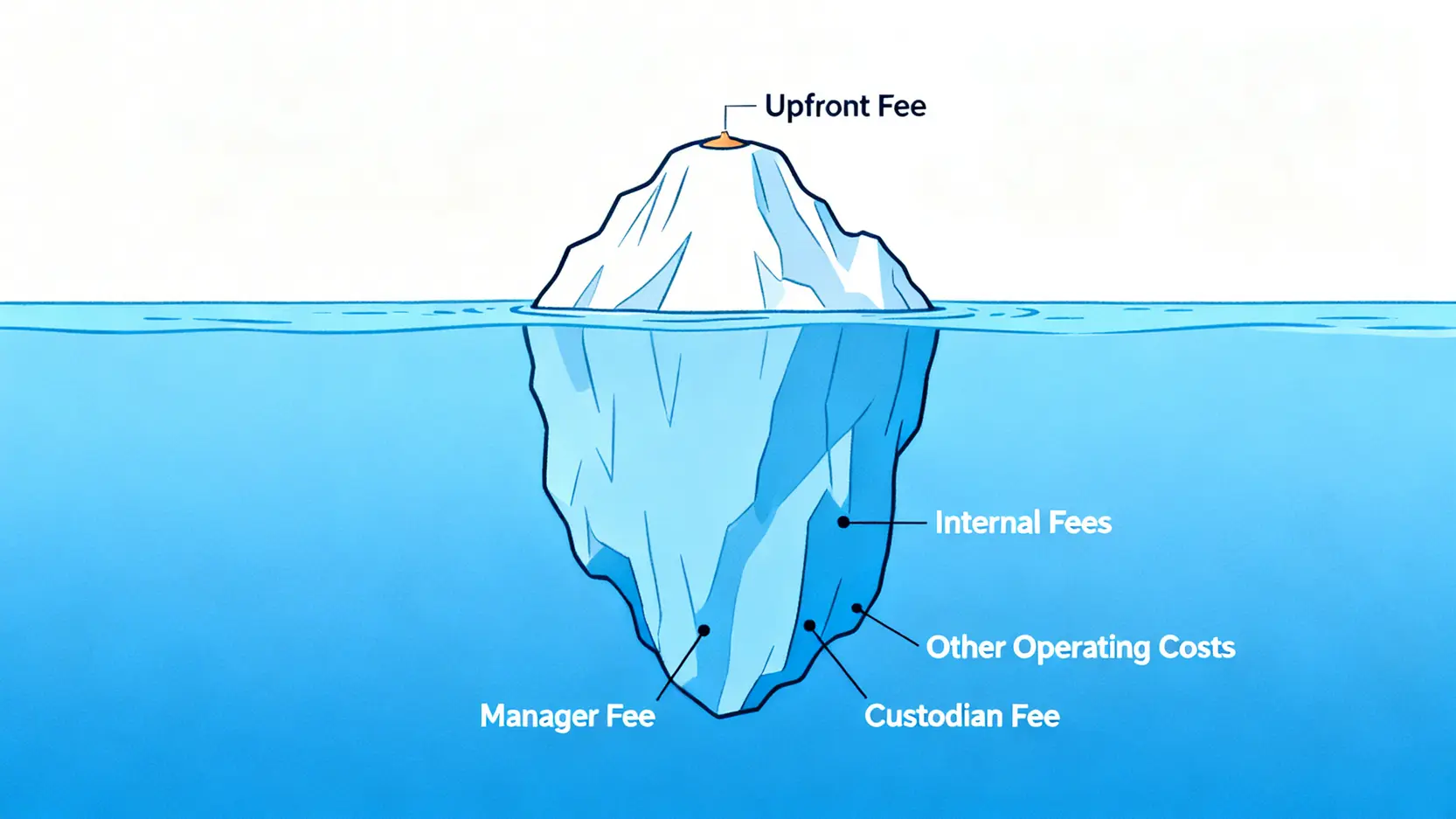 基金總持有成本的冰山示意圖,顯示可見的申購手續費只是冰山一角,而隱藏在水下的經理費等內扣費用才是真正巨大的成本。