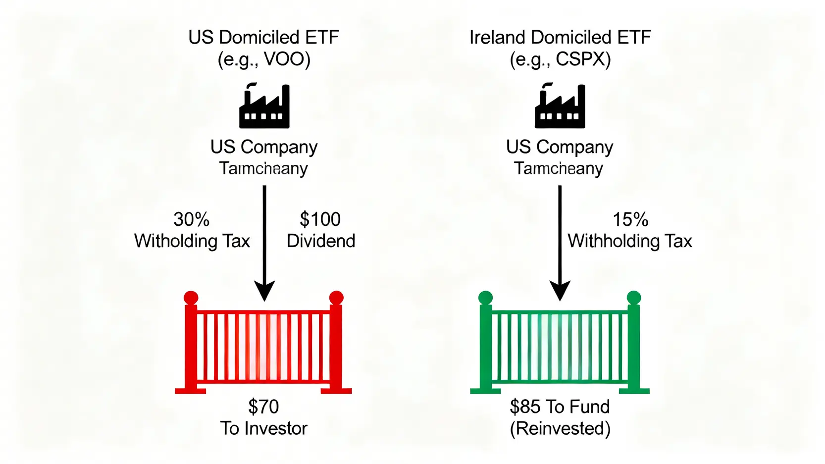 美國註冊ETF與愛爾蘭註冊ETF的股息稅務對比圖,顯示了30%與15%的預扣稅差異。