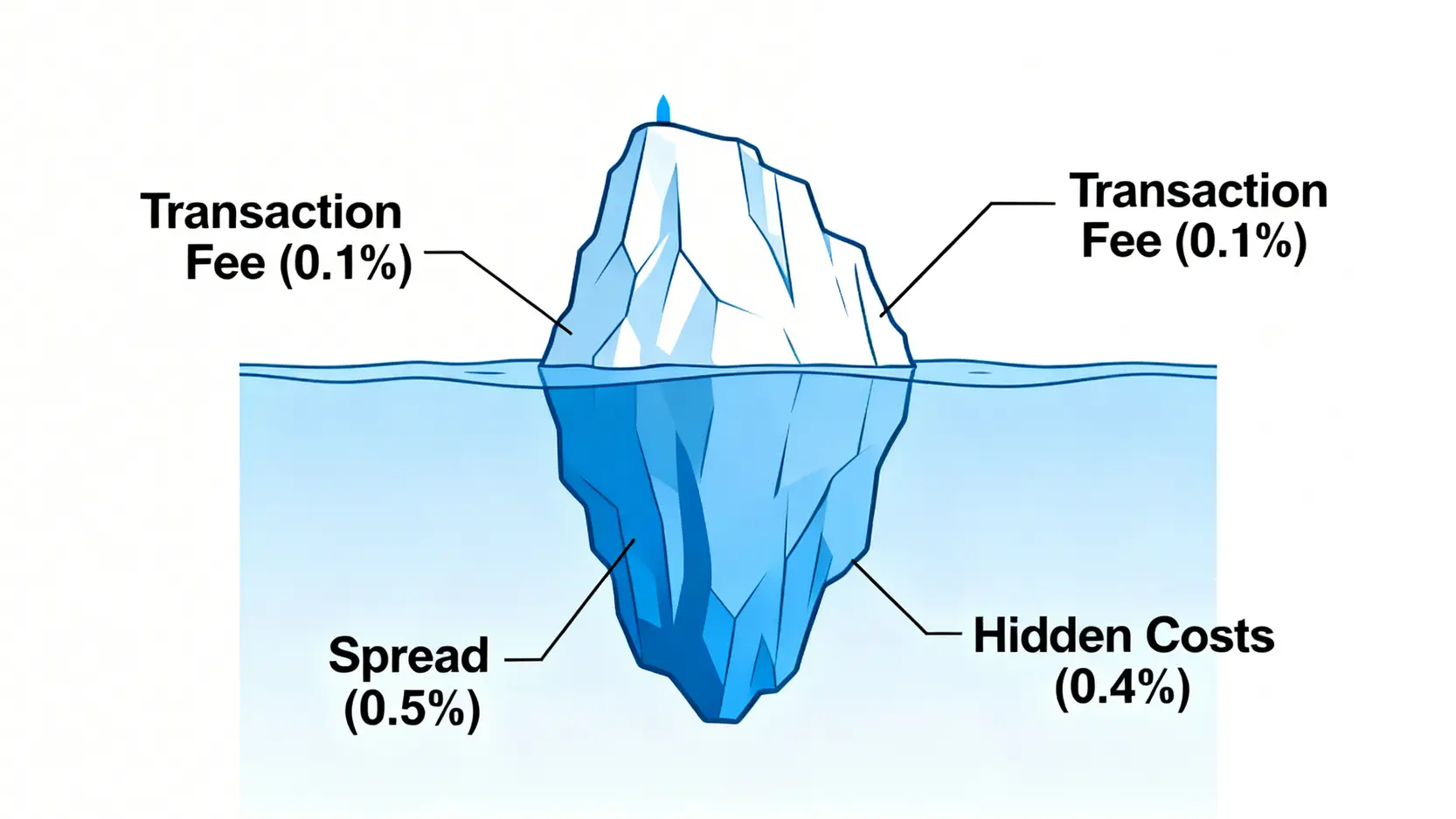 交易成本冰山圖,顯示可見的手續費只是冰山一角,而價差和滑點等隱藏成本佔據了絕大部分。