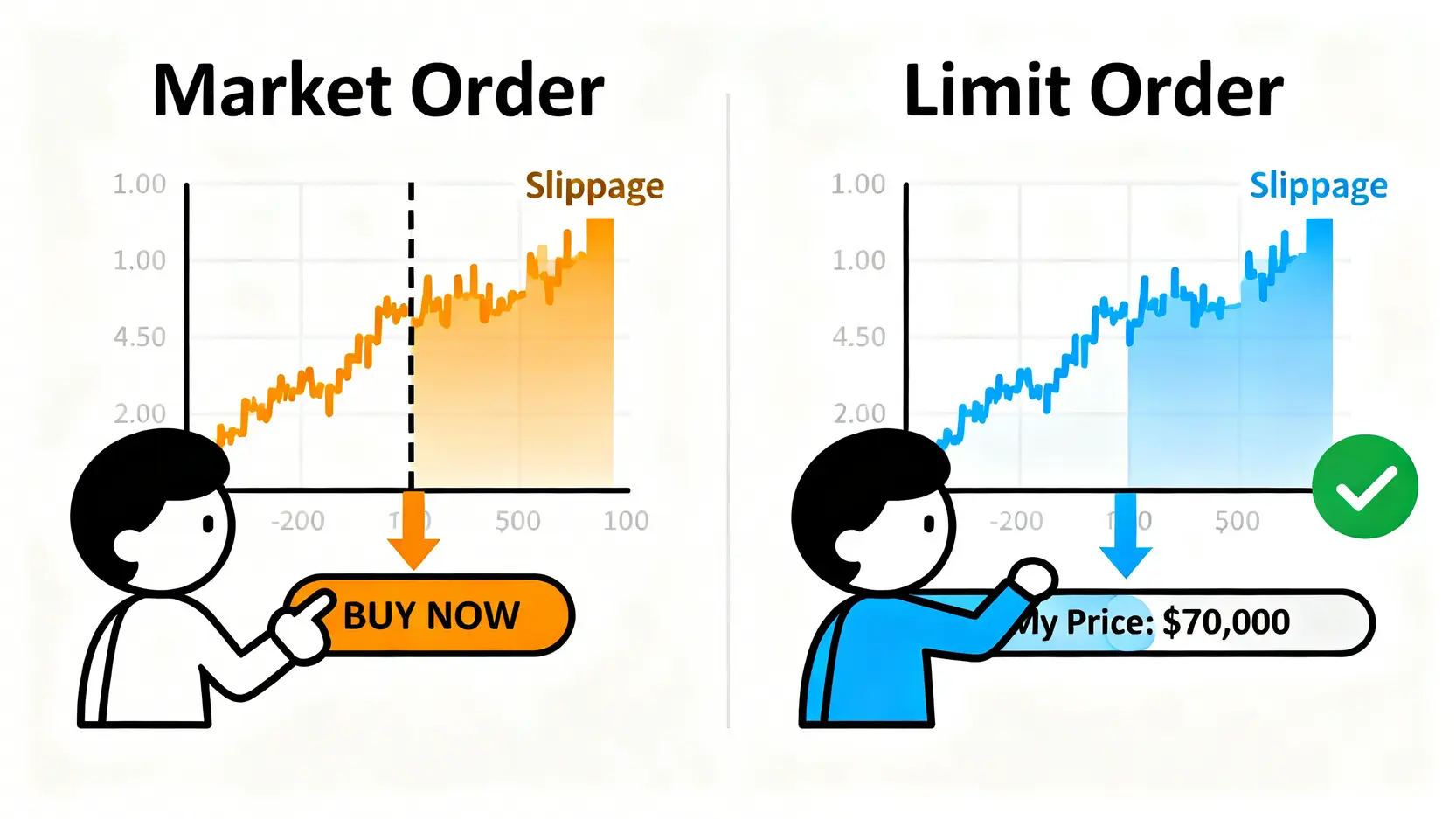 市價單與限價單的對比圖。市價單可能因滑點而以非預期價格成交,而限價單則能確保成交價格的精準度。