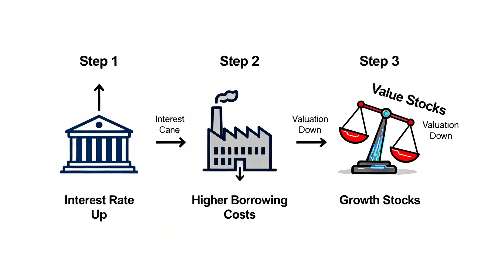 升息影響股票估值的傳導機制示意圖,顯示利率上升如何增加企業成本並降低成長股估值。