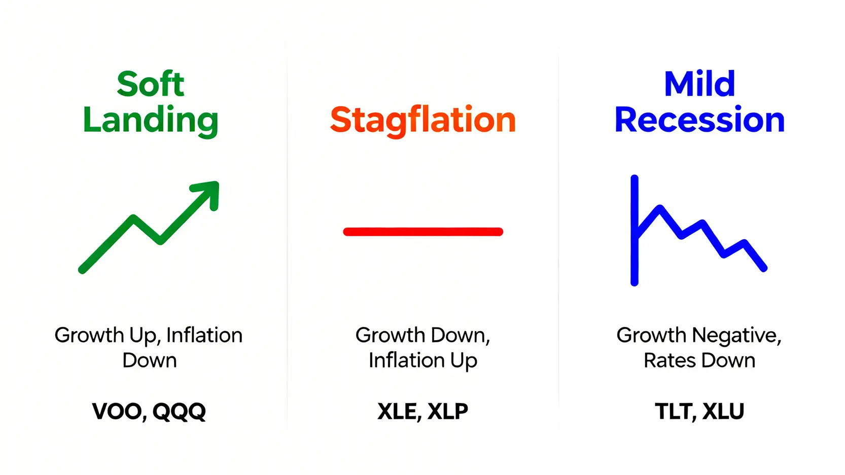 三大經濟劇本(軟著陸、停滯性通膨、溫和衰退)及其對應的美股ETF配置策略對比圖