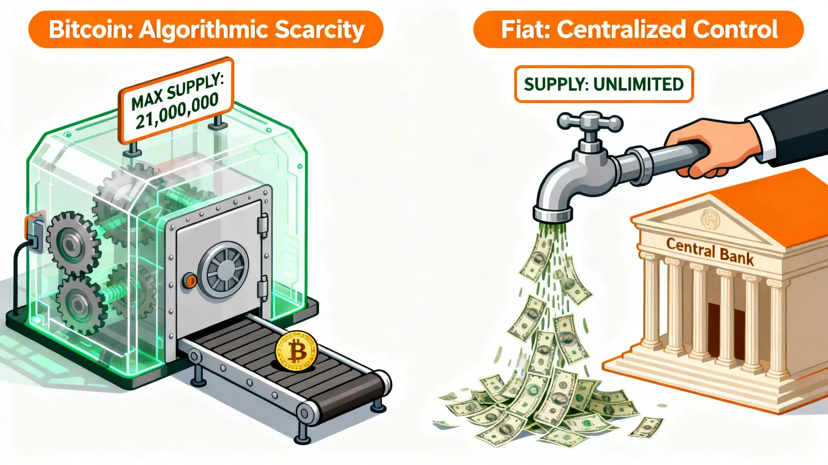 比特幣的算法發行與法定貨幣的央行增發對比圖