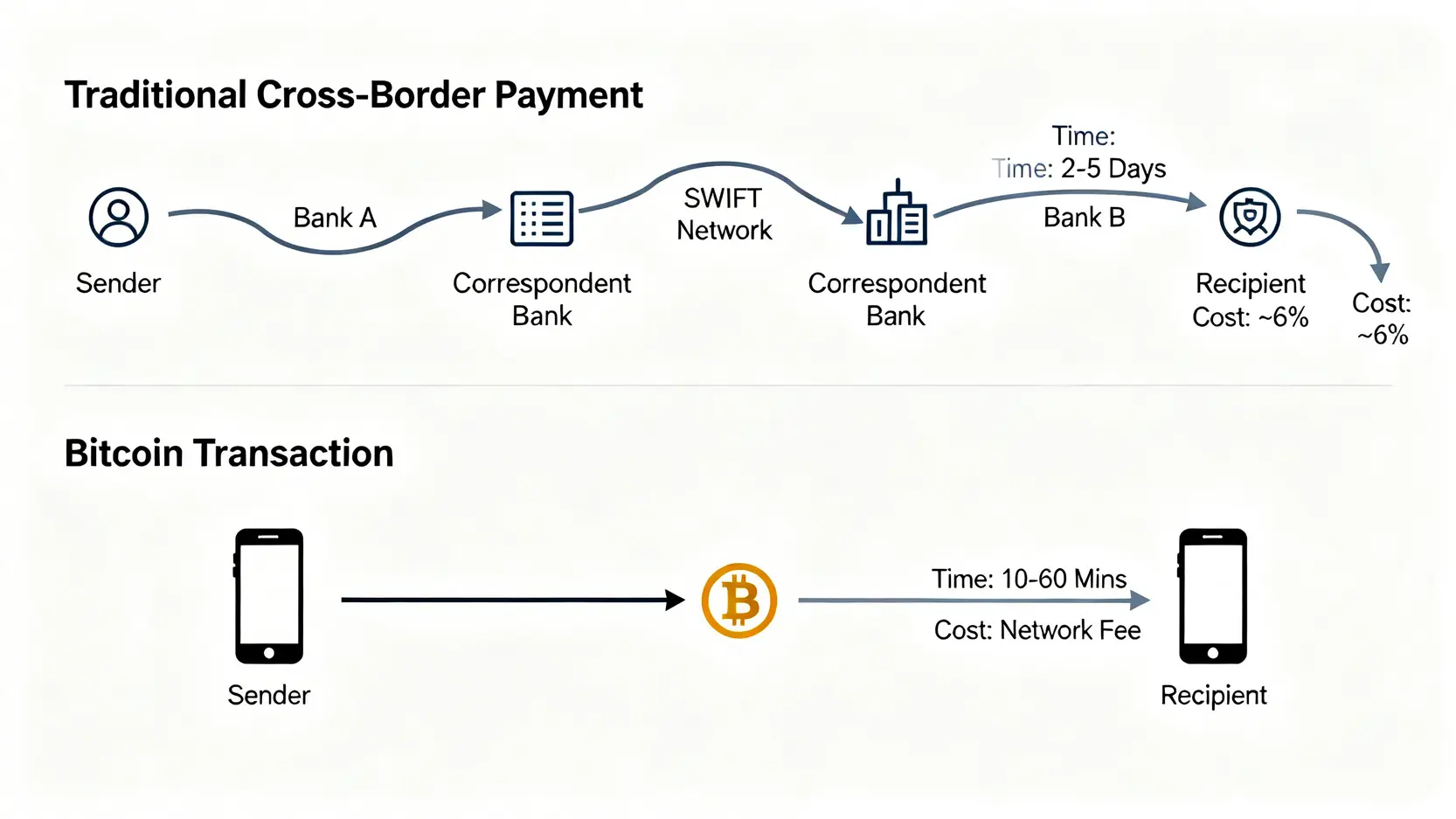 傳統銀行跨境匯款與比特幣轉帳的流程、時間與成本對比圖。