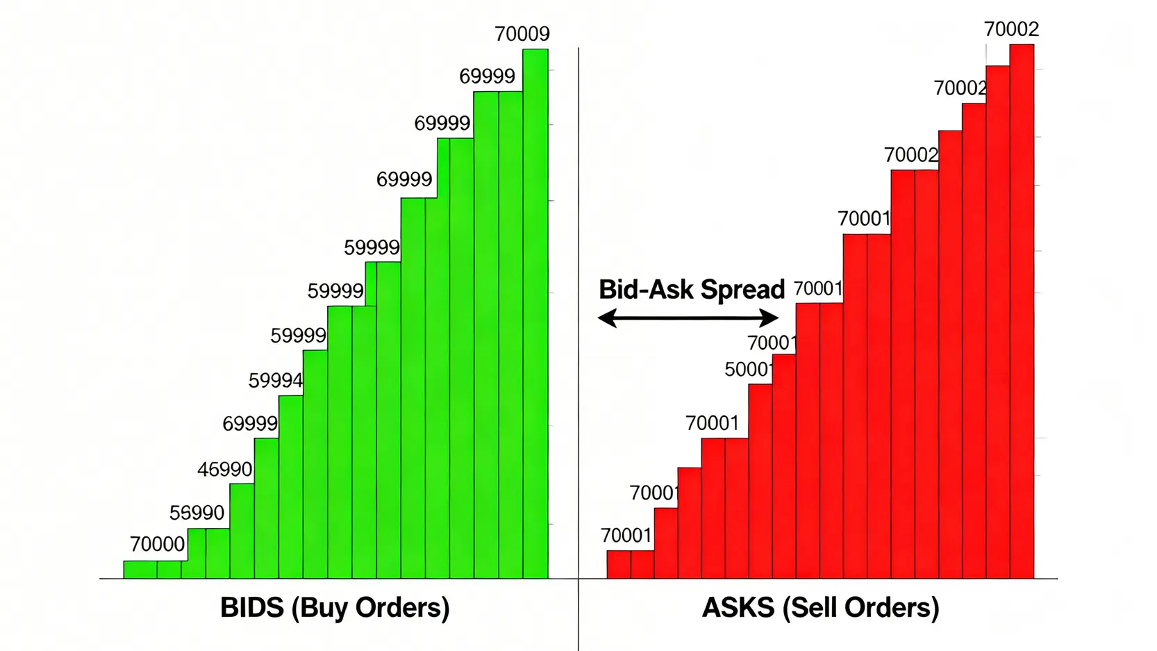 交易所訂單簿結構示意圖,展示了綠色的買盤、紅色的賣盤以及中間的買賣盤價差。