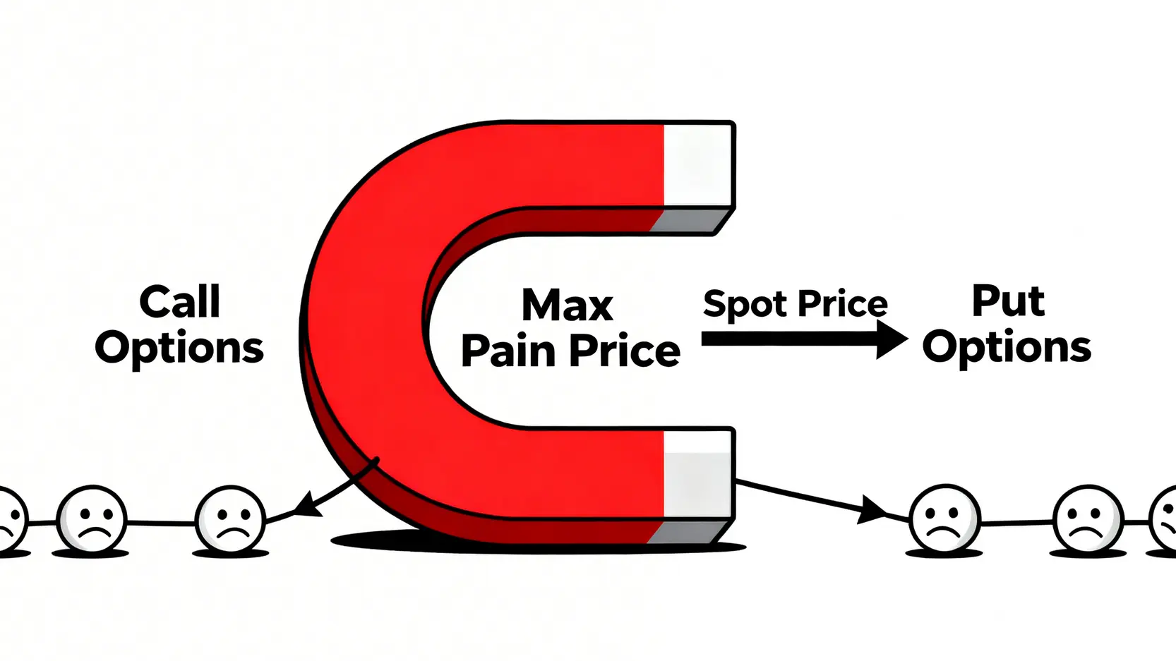選擇權最大痛點理論示意圖,一個巨大的磁鐵代表最大痛點價格,吸引現貨價格靠攏,讓多空雙方的選擇權買家都遭受損失。