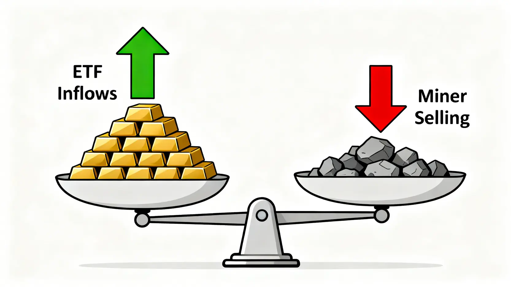 一個天秤圖,左邊是代表ETF資金流入的較重砝碼,右邊是代表礦工拋售的較輕砝碼,顯示買盤力量大於賣盤。