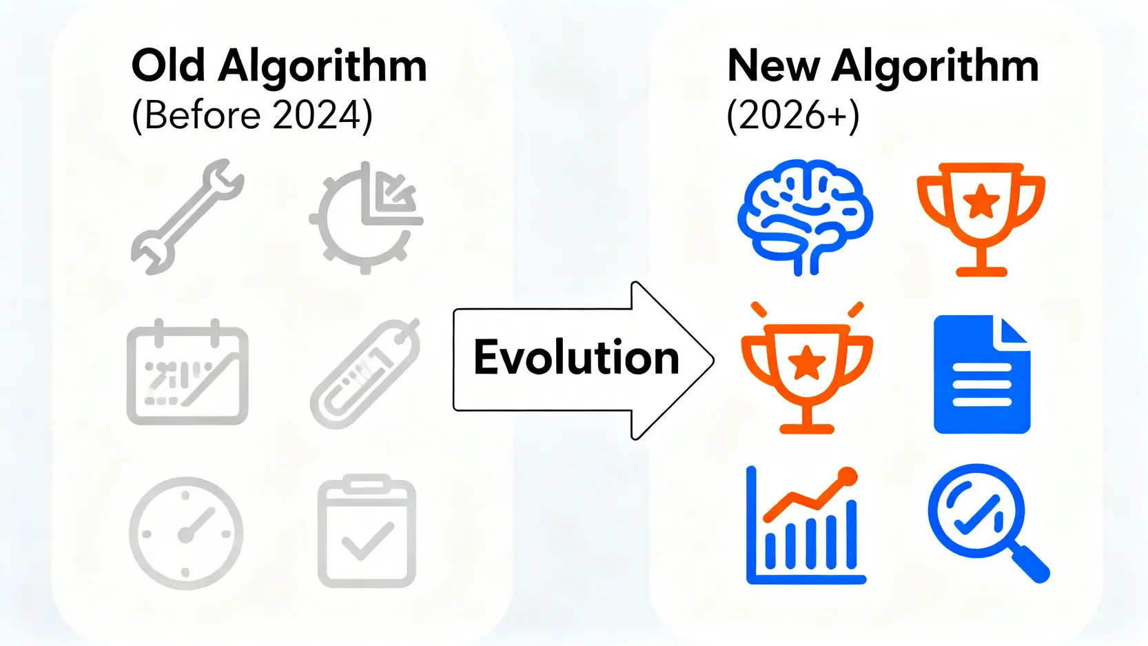 一張對比圖,展示了搜尋引擎演算法從2024年前注重關鍵字和連結數量,到2026年後演變為重視使用者意圖、權威性和第一手經驗的差異。