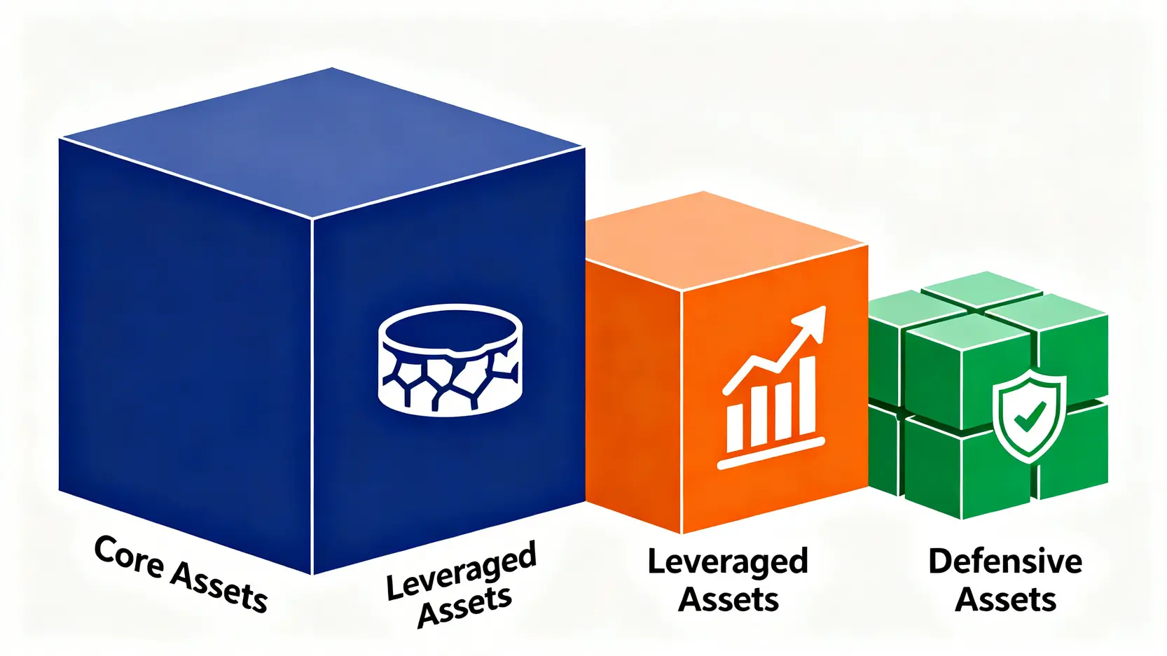 一張概念示意圖,用三個不同大小和圖標的區塊來代表三種數位資產:核心資產(穩固的基石)、槓桿資產(上升的箭頭)和防禦資產(堅固的盾牌)。