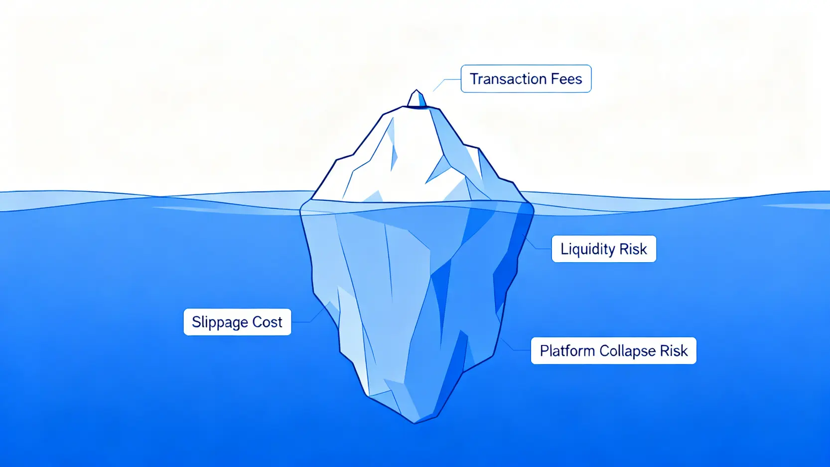 加密貨幣交易所成本冰山圖,顯示手續費只是可見的小部分,而滑點和平台風險是巨大的隱藏成本。