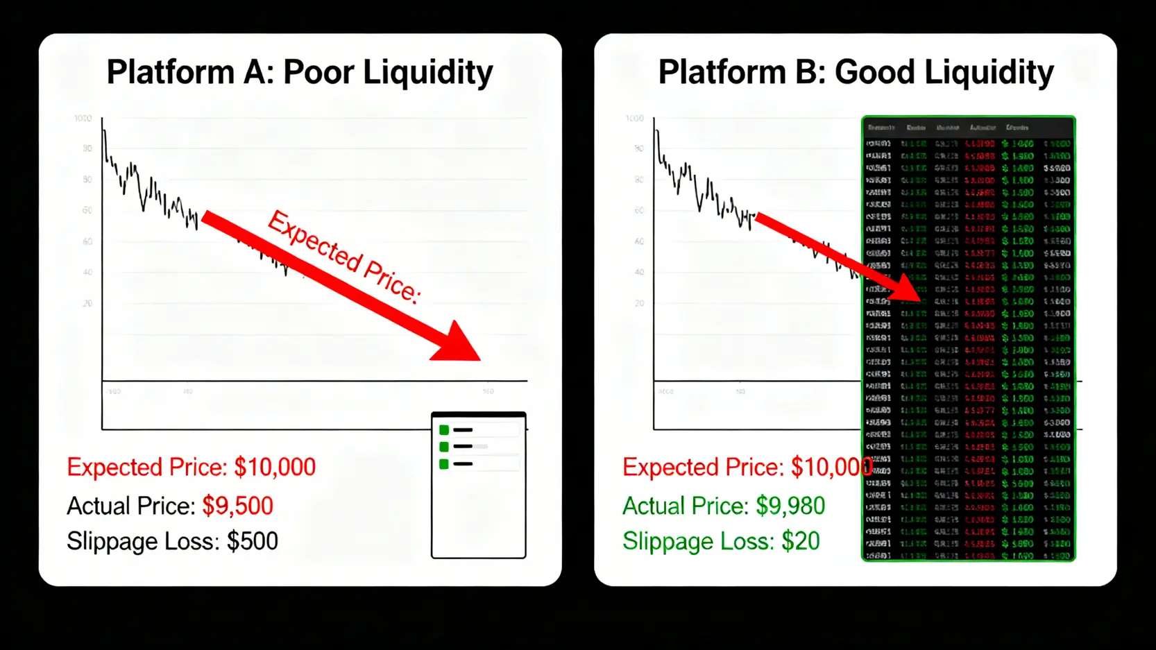 交易滑點對比圖,顯示在流動性差的平台賣出時損失500美元,而在流動性好的平台僅損失20美元。