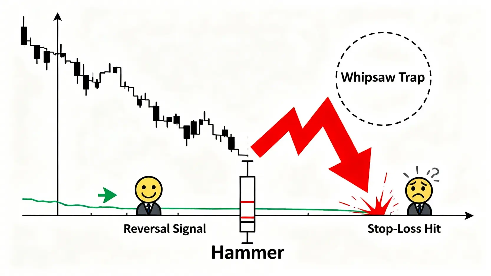 圖表解釋市場中的洗盤(Whipsaw)陷阱,顯示一個假的反轉訊號如何誘使交易者進場後再掃描其停損點。