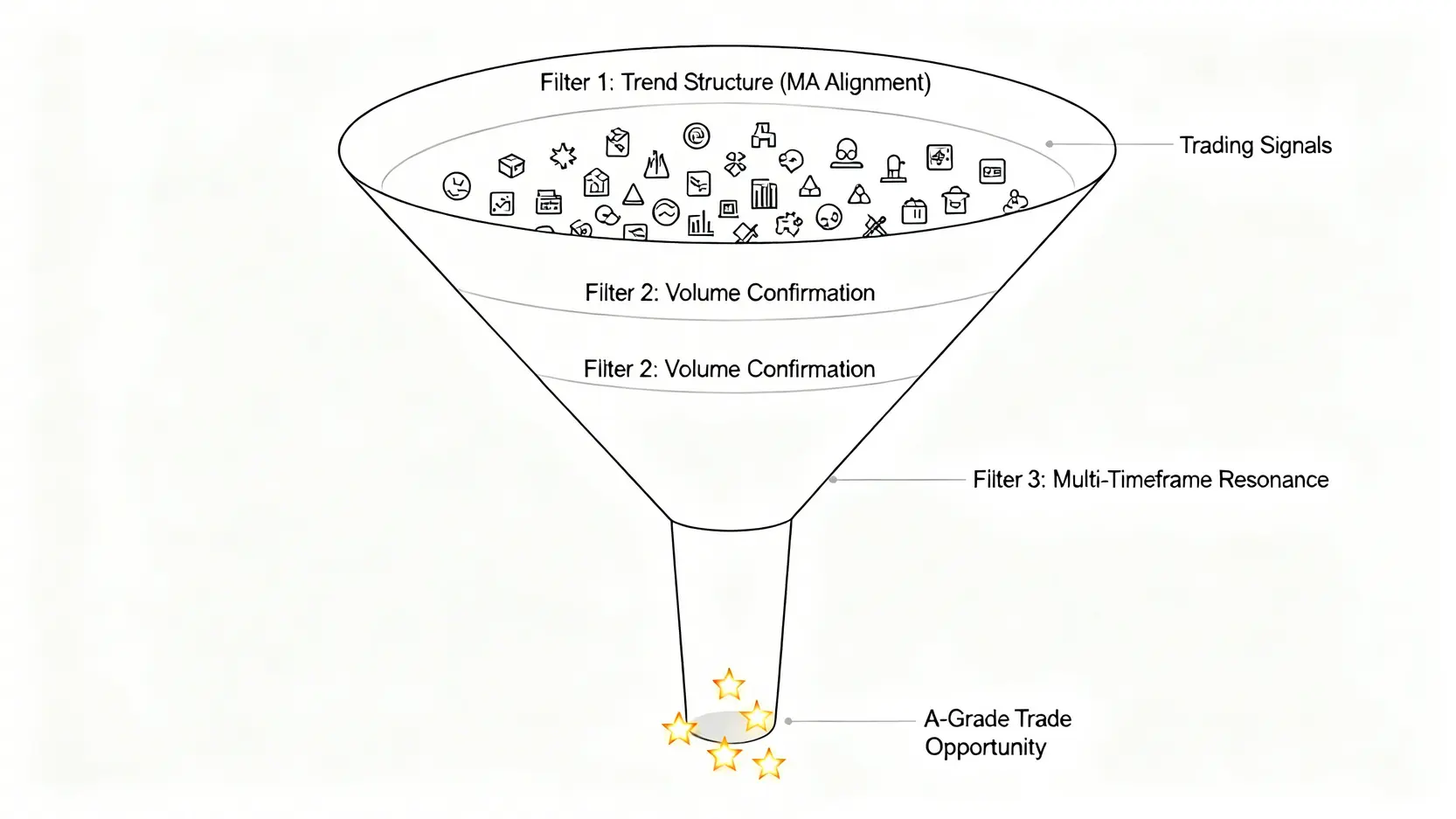 一個漏斗圖,展示了交易訊號的三層驗證過濾系統:第一層趨勢結構,第二層成交量確認,第三層多時間週期共振,最終篩選出高品質的交易機會。