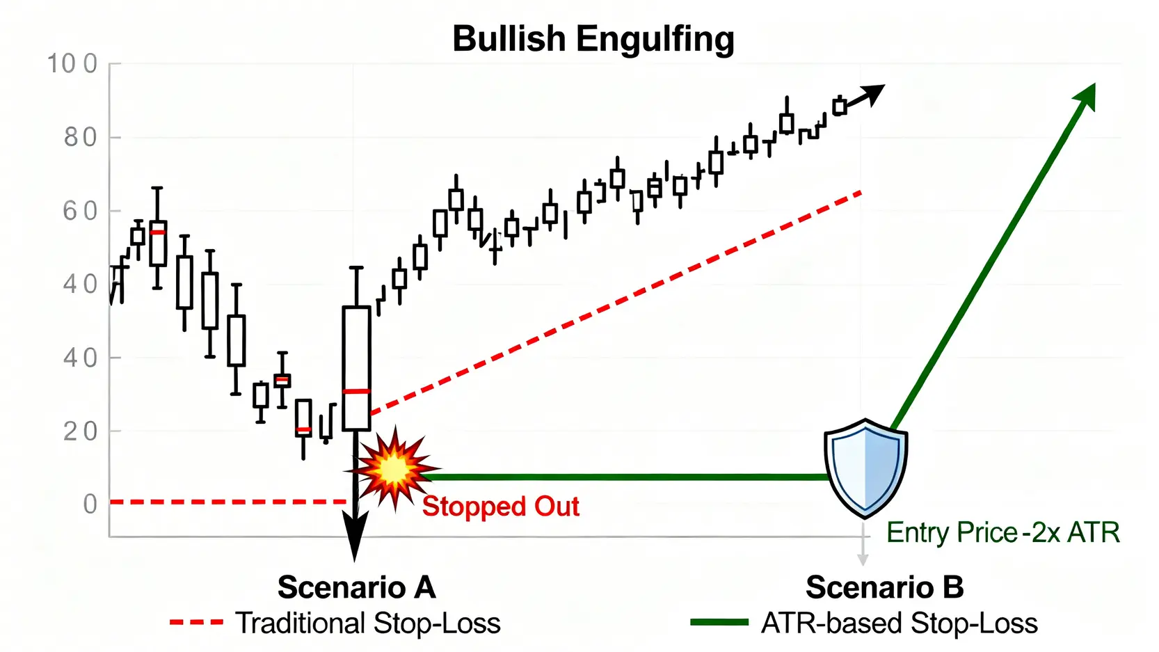 對比圖顯示傳統停損點與ATR動態停損點的區別。傳統停損點被市場洗盤輕易觸發,而ATR停損點則能安然度過市場正常波動。