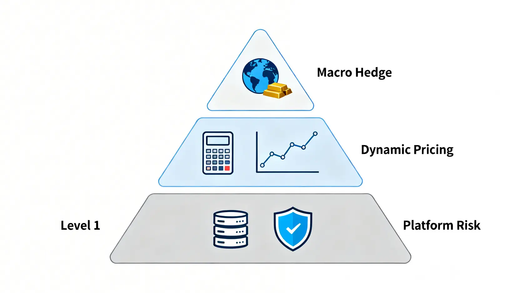 三層式風險定價模型金字塔圖,從底層的平台風險、中層的動態定價到頂層的宏觀對沖。