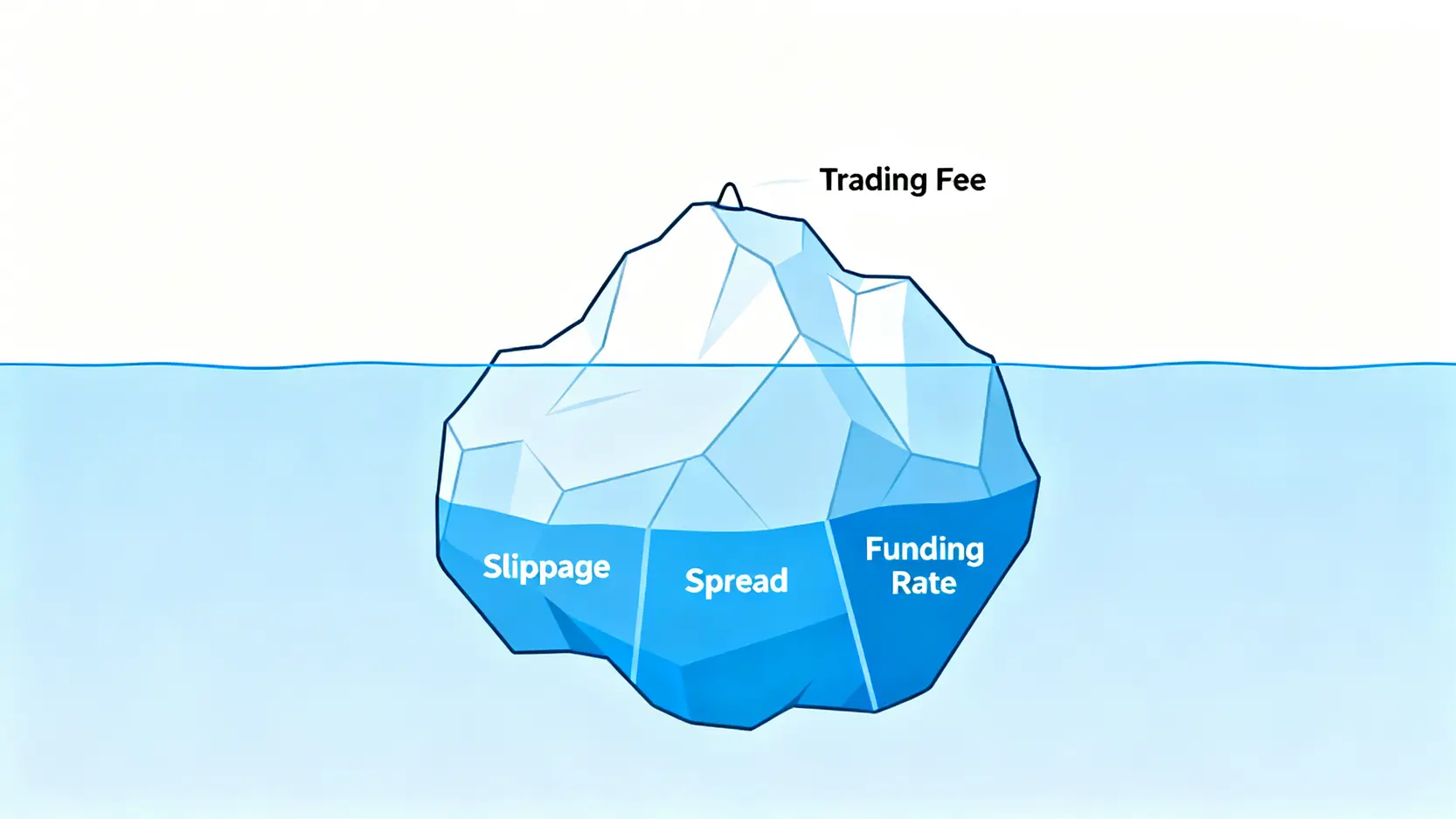 交易成本的冰山模型圖,顯示手續費只是可見的一小部分,而滑點、價差等隱藏成本佔據了水下更龐大的體積。