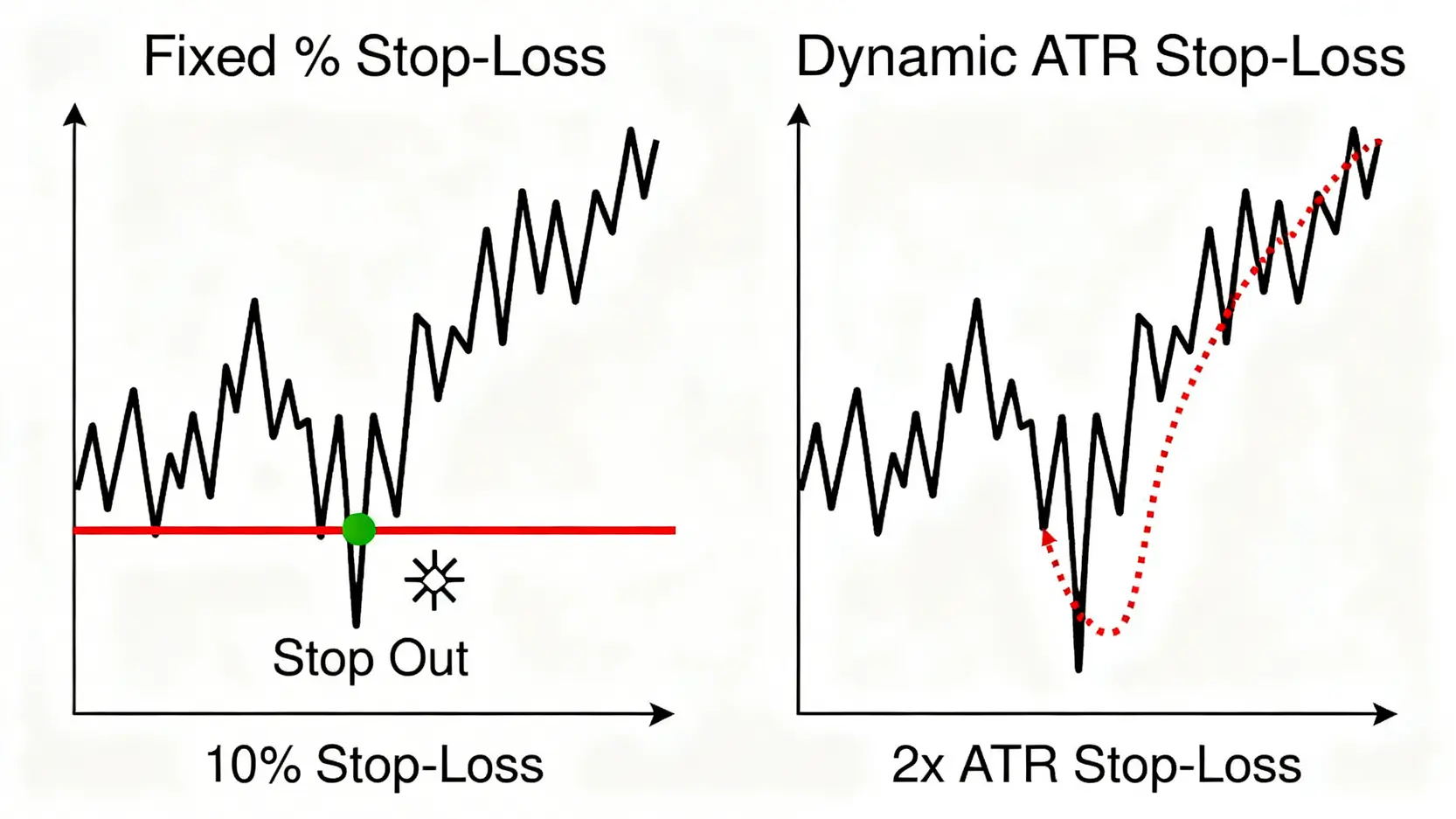 固定停損與動態ATR停損的對比圖。左側顯示固定停損被市場正常波動掃出場,右側顯示ATR停損能適應波動,避免過早出場。