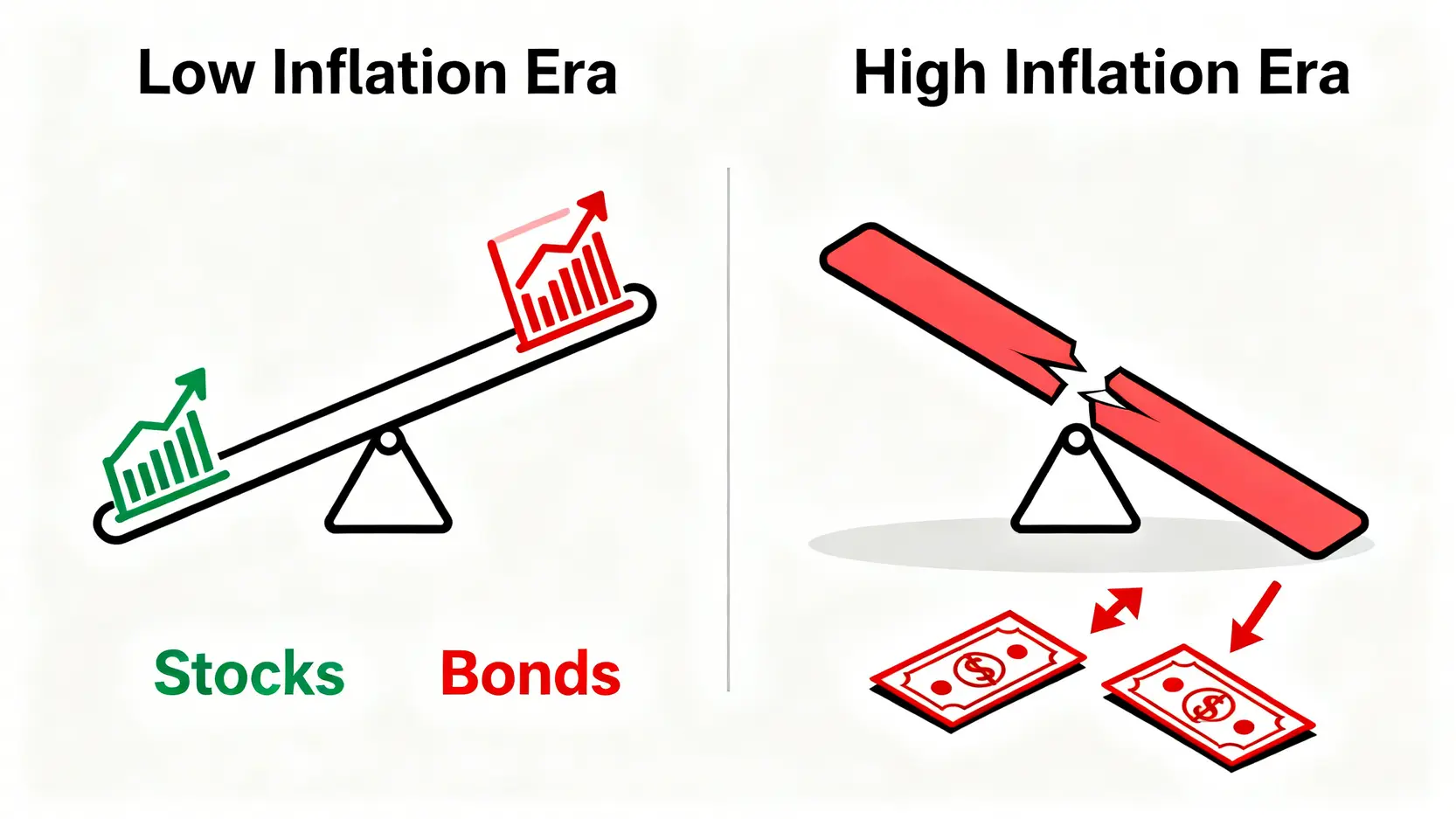 一張對比圖,顯示在低通膨時代股債呈現蹺蹺板效應,而在高通膨時代則同步下跌。