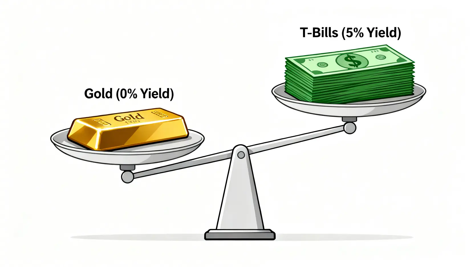 一個顯示機會成本的天秤,一邊是零收益的黃金,另一邊是收益5%的國庫券,後者明顯更重。